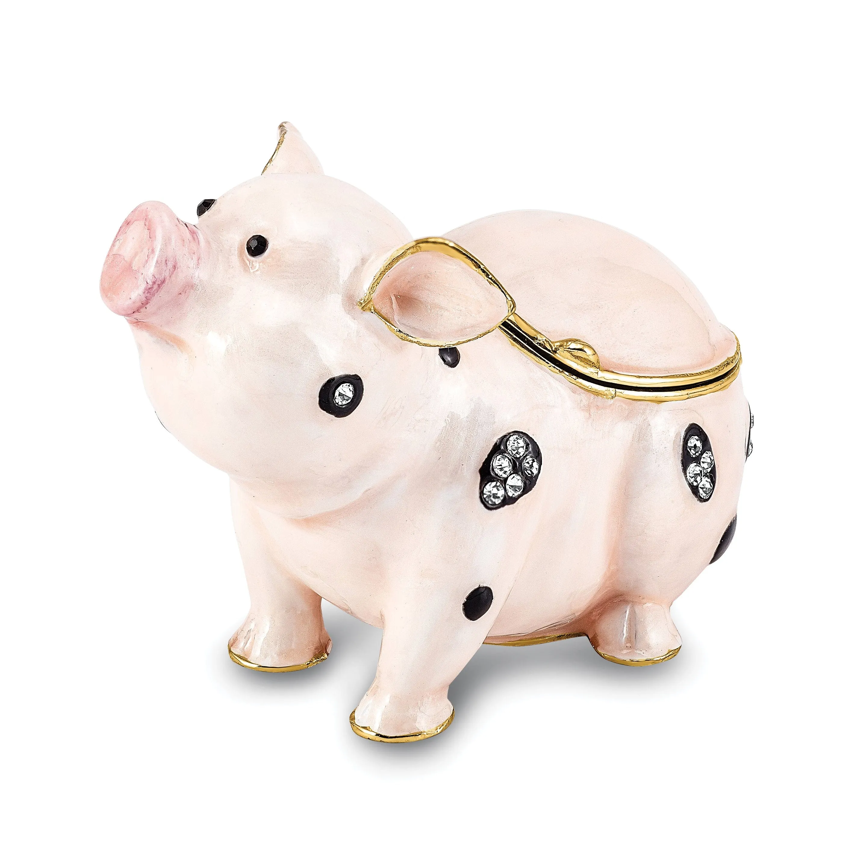 Bejeweled Pink, Black Color Enamel PETUNIA Spotted Pig Trinket Box