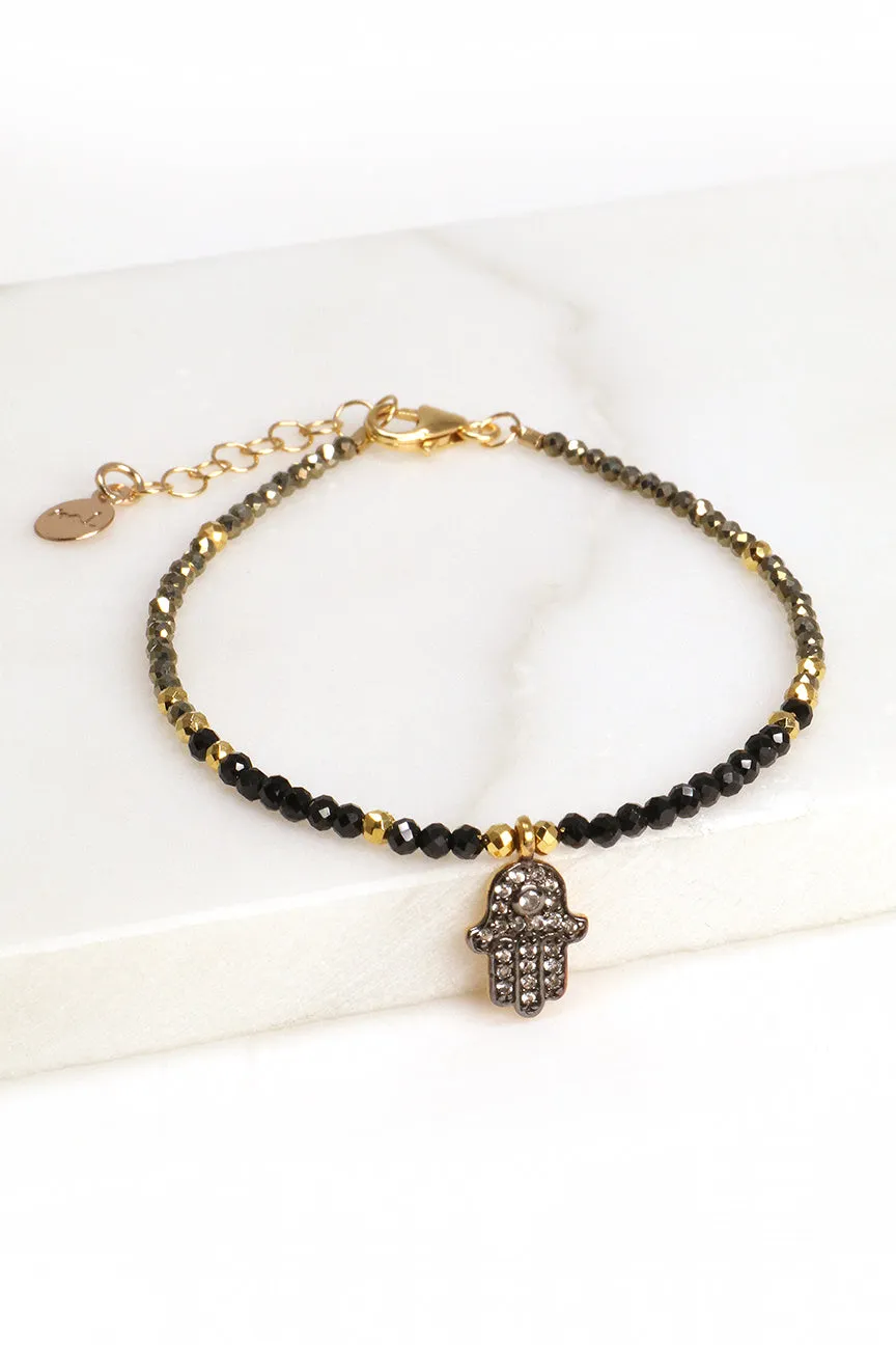 Black Spinel and Pyrite Hamsa Bracelet