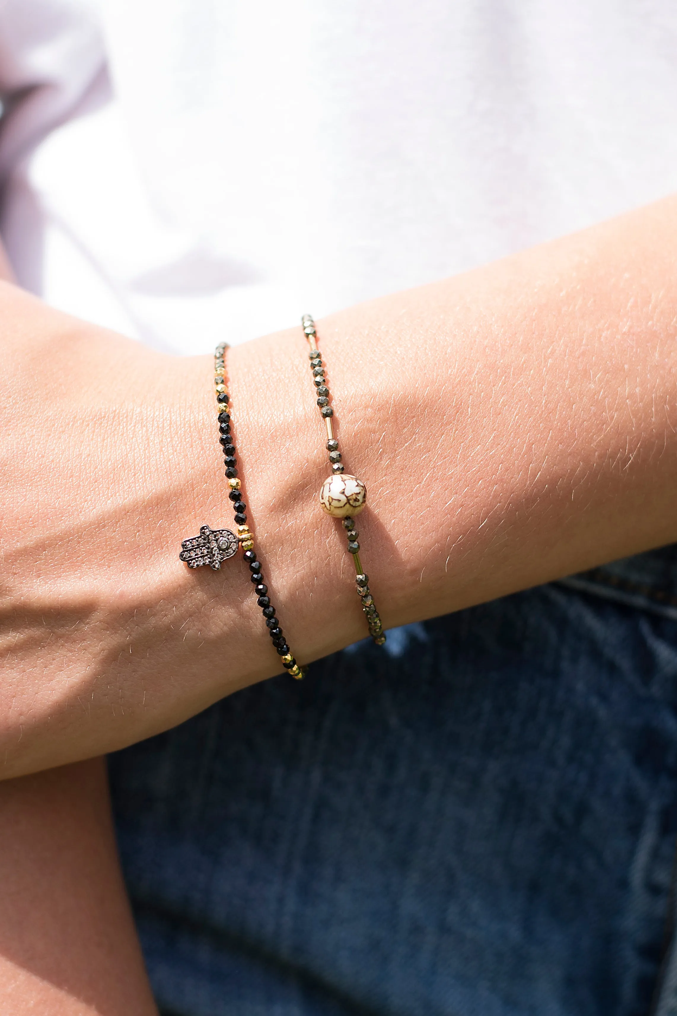 Black Spinel and Pyrite Hamsa Bracelet