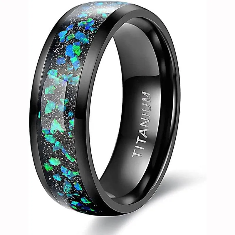 Black Titanium Men's Wedding Band with Opal Inlay