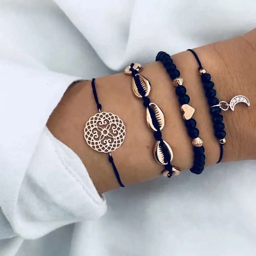 Bohemian Black Rope Chain Bracelet Set For Women aircraft Shell Moon Heart crystal Charm Bangle Boho Jewelry