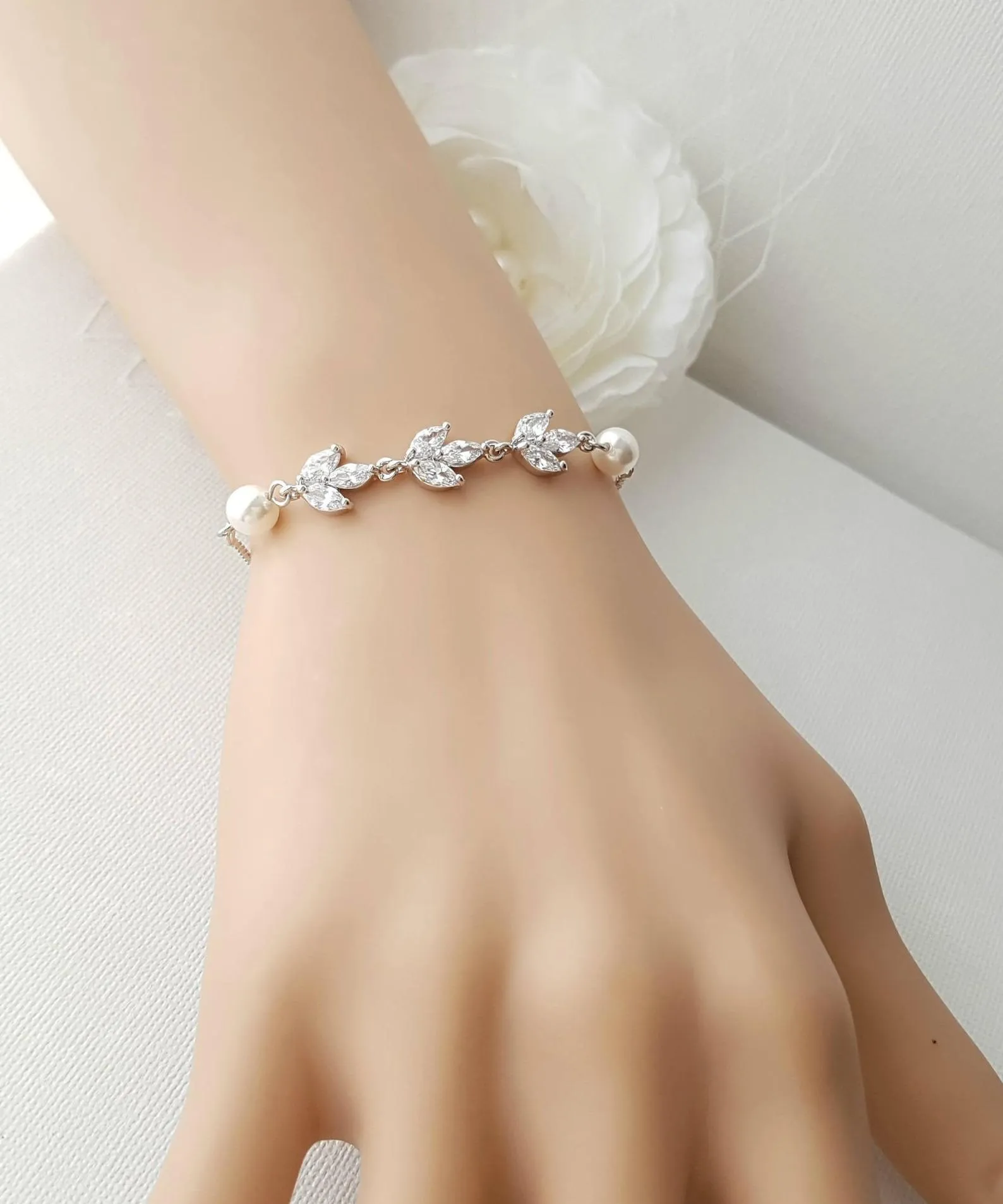 Bridal Bracelet in Rose Gold With CZ & Pearl-Leila