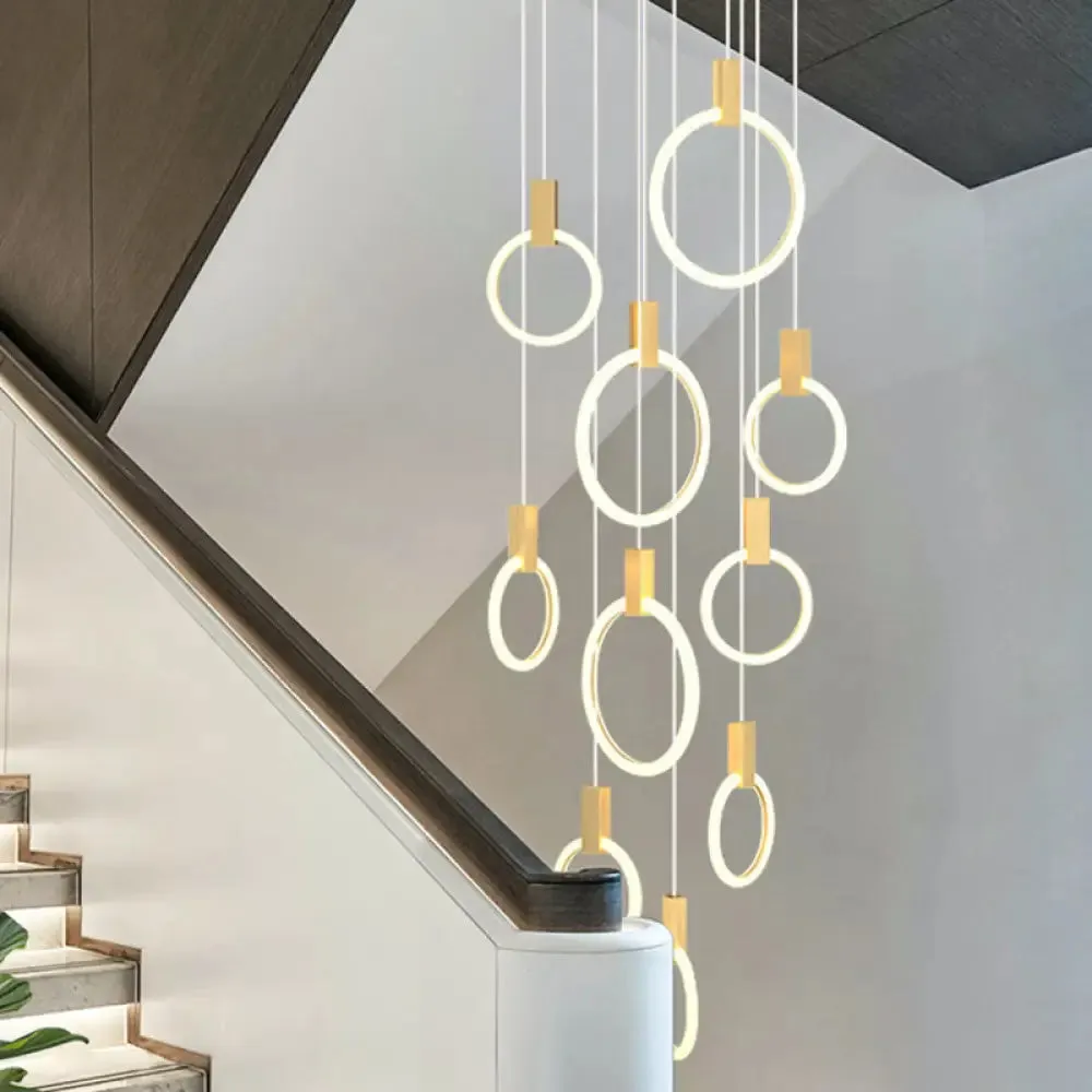 Contemporary LED Gold Pendant Light: Ring Shaped Acrylic, Ideal for Staircase