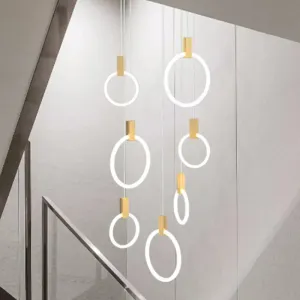 Contemporary LED Gold Pendant Light: Ring Shaped Acrylic, Ideal for Staircase