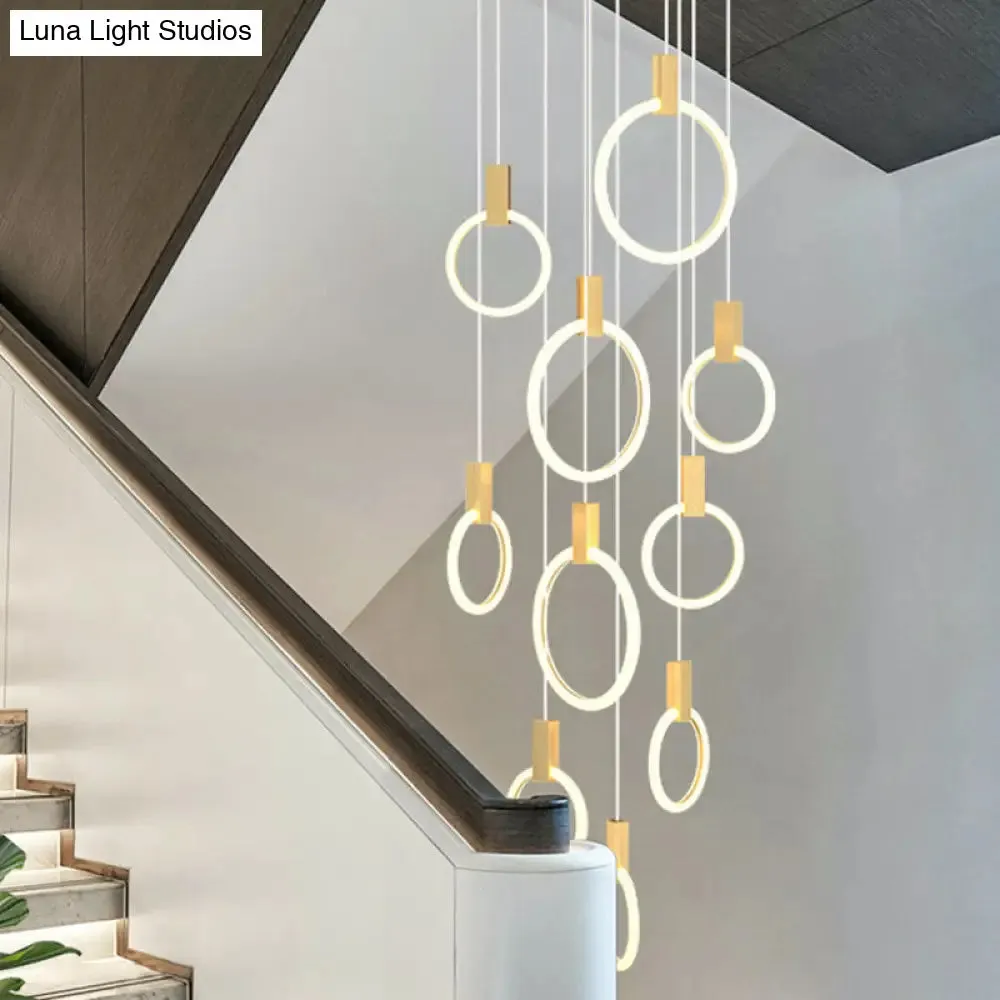 Contemporary LED Gold Pendant Light: Ring Shaped Acrylic, Ideal for Staircase