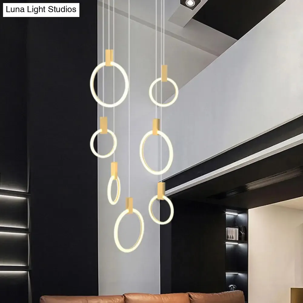 Contemporary LED Gold Pendant Light: Ring Shaped Acrylic, Ideal for Staircase