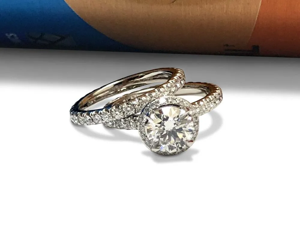 Cubic zirconia 1 carat Center Hidden Halo Pave set ring with matching band 14K