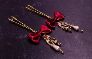 Deluxe Red Bow Tweezer Nipple Clamps in Gold