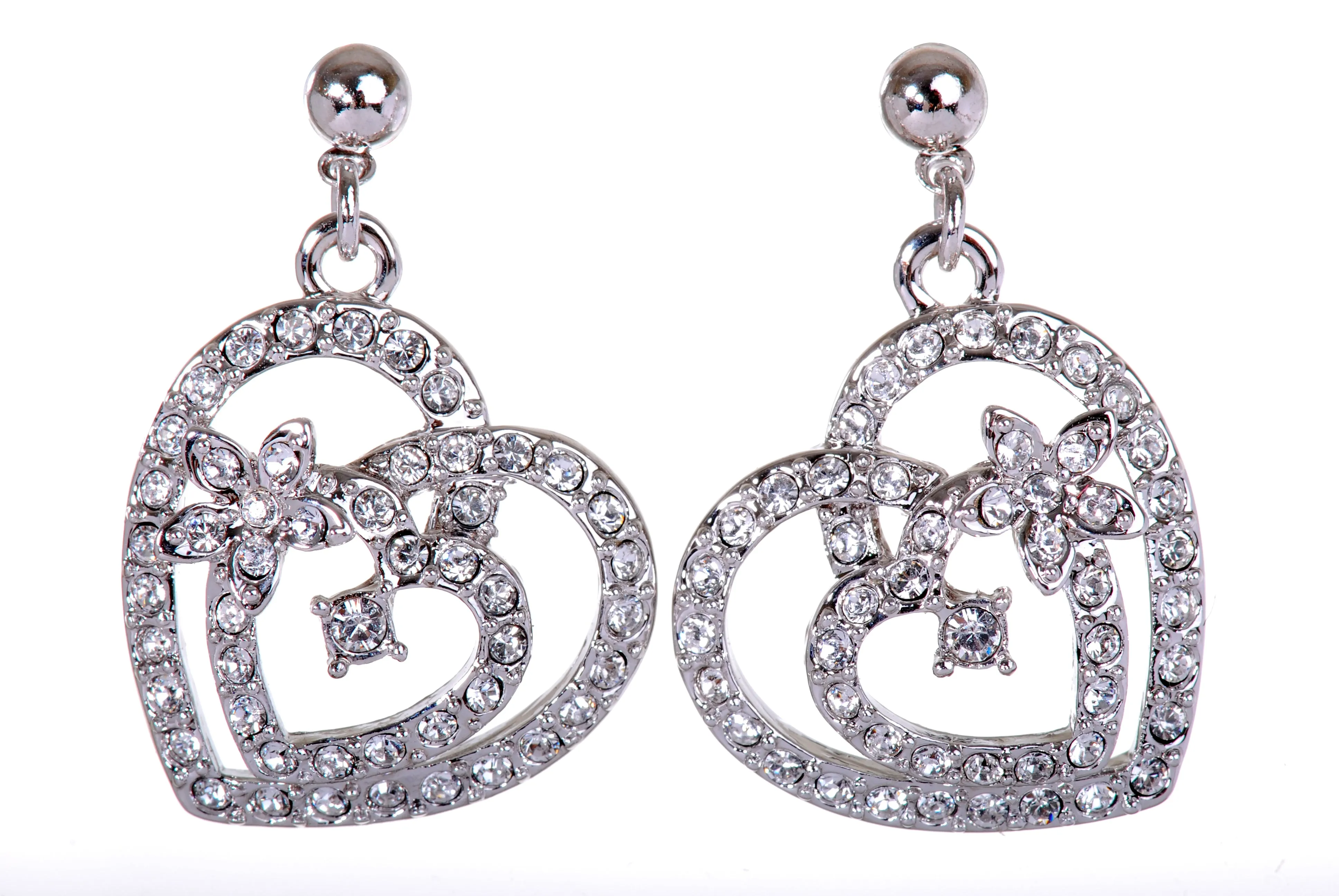 E7103 Stunning Rhodium Plated Dual Heart Swarovski Crystal Earrings