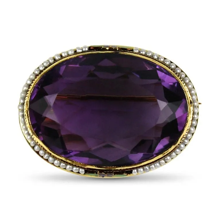 Estate Yellow Gold Oval Amethyst & Seed Pearl Pin