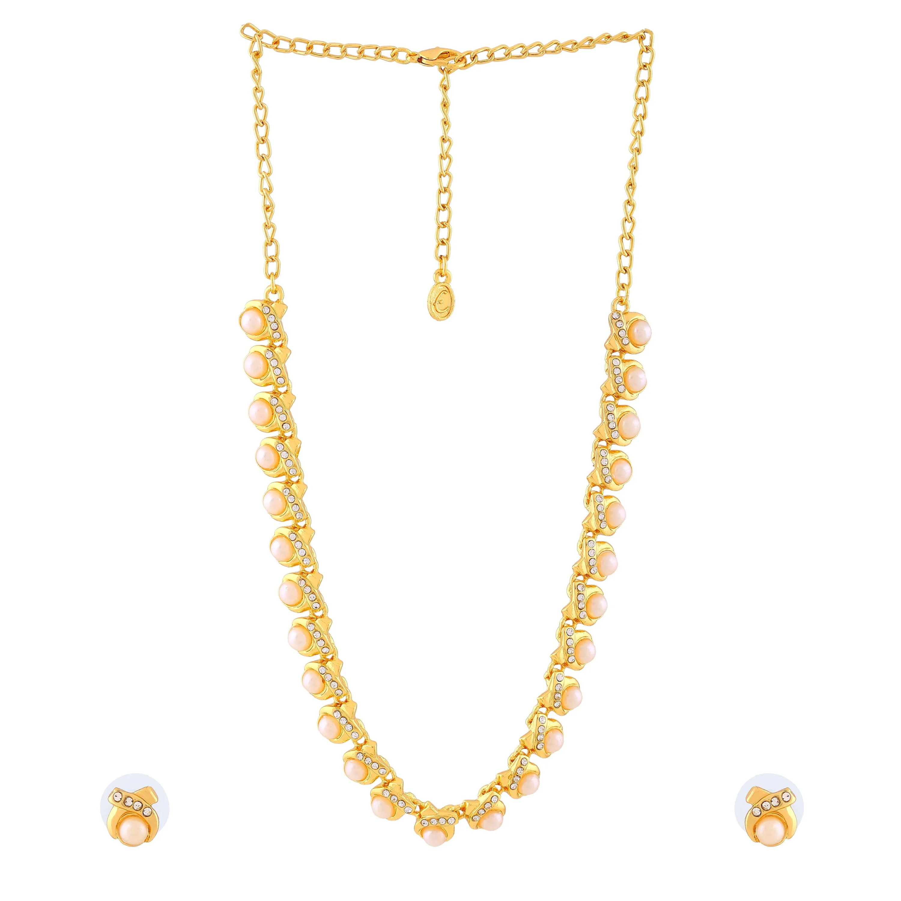 Estele Gold Plated Refined White Pearls Adorned Beautiful Necklace Set with Crystals for Women