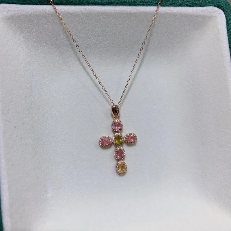 Faceted Oval Shape Natural Pink, Green, and Yellow Tourmaline Cross Pendant for Women - Elegant Gemstone Jewelry for Every Occasion