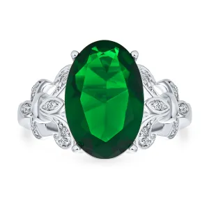 Fleur De Lis Vintage Style Engagement Ring with Emerald Green CZ Solitaire