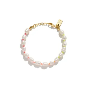 Freshwater Pearl and Neon Rainbow Thread Bracelet - Yellow/Orange