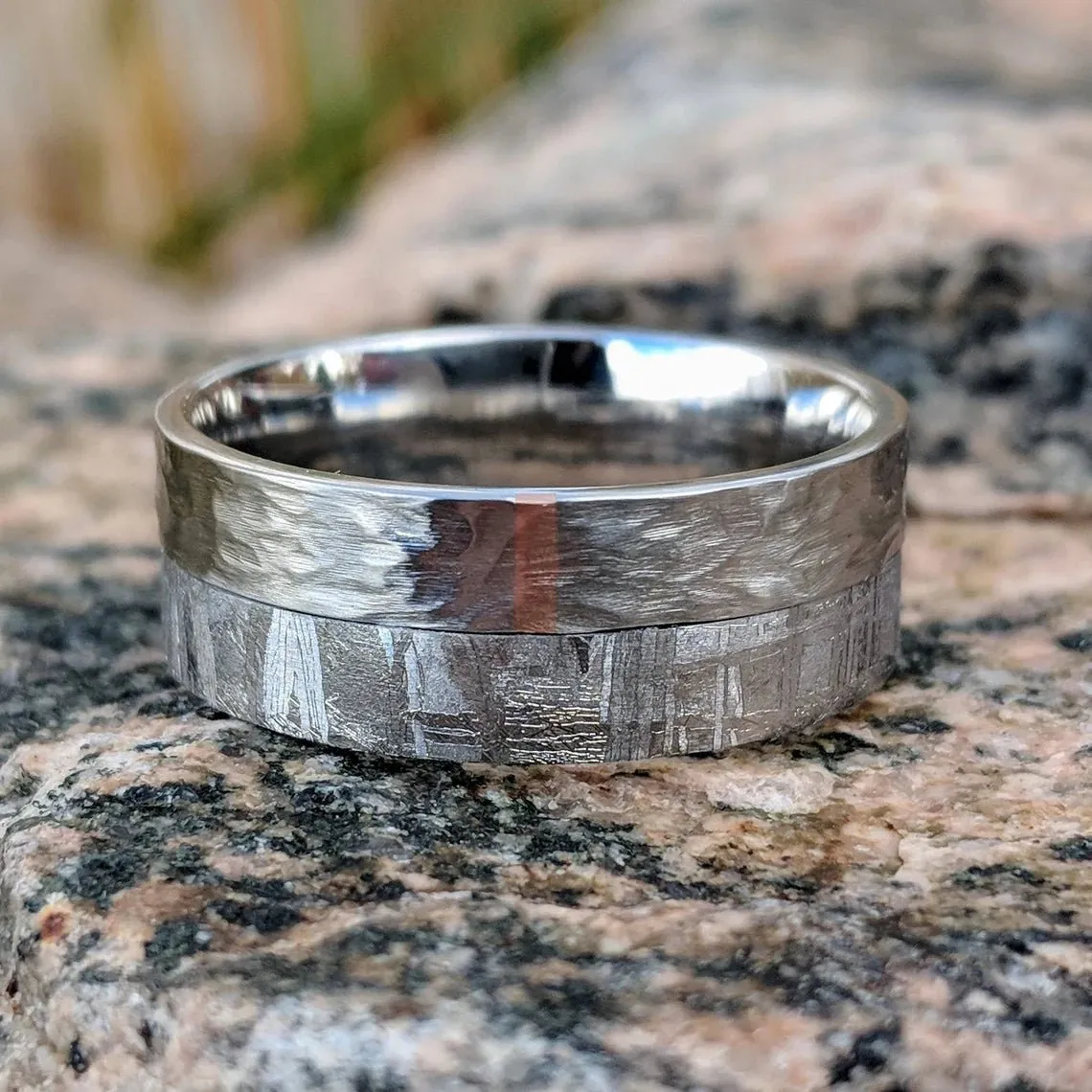 Gibeon Meteorite Ring, Custom Made Meteorite Wedding Bands 14k Rose Gold Inlay