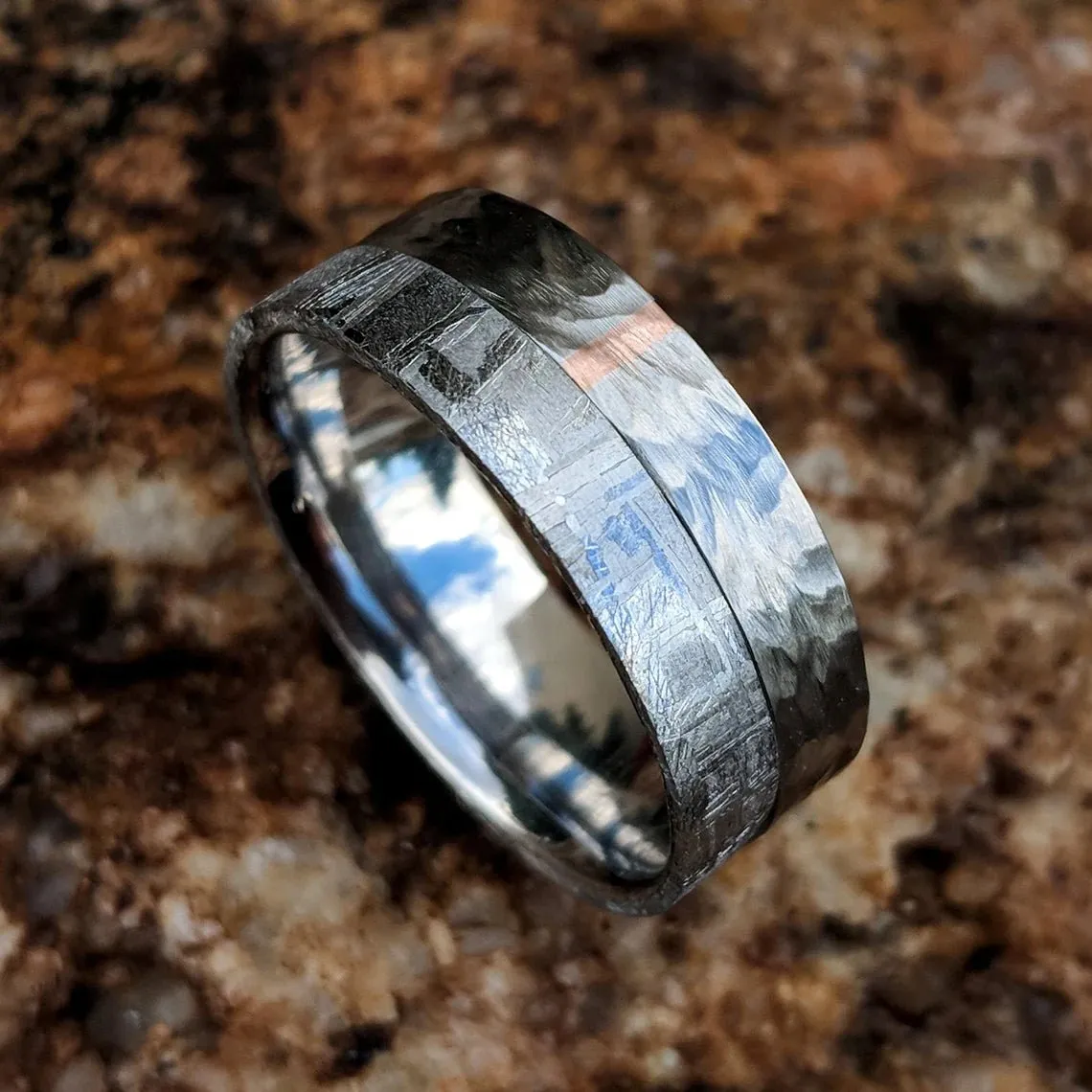 Gibeon Meteorite Ring, Custom Made Meteorite Wedding Bands 14k Rose Gold Inlay