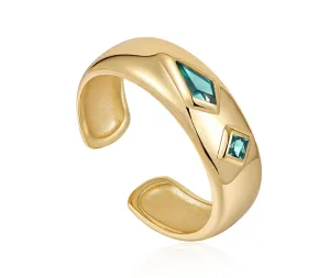 Gold Teal Sparkle Emblem Thick Band Ring