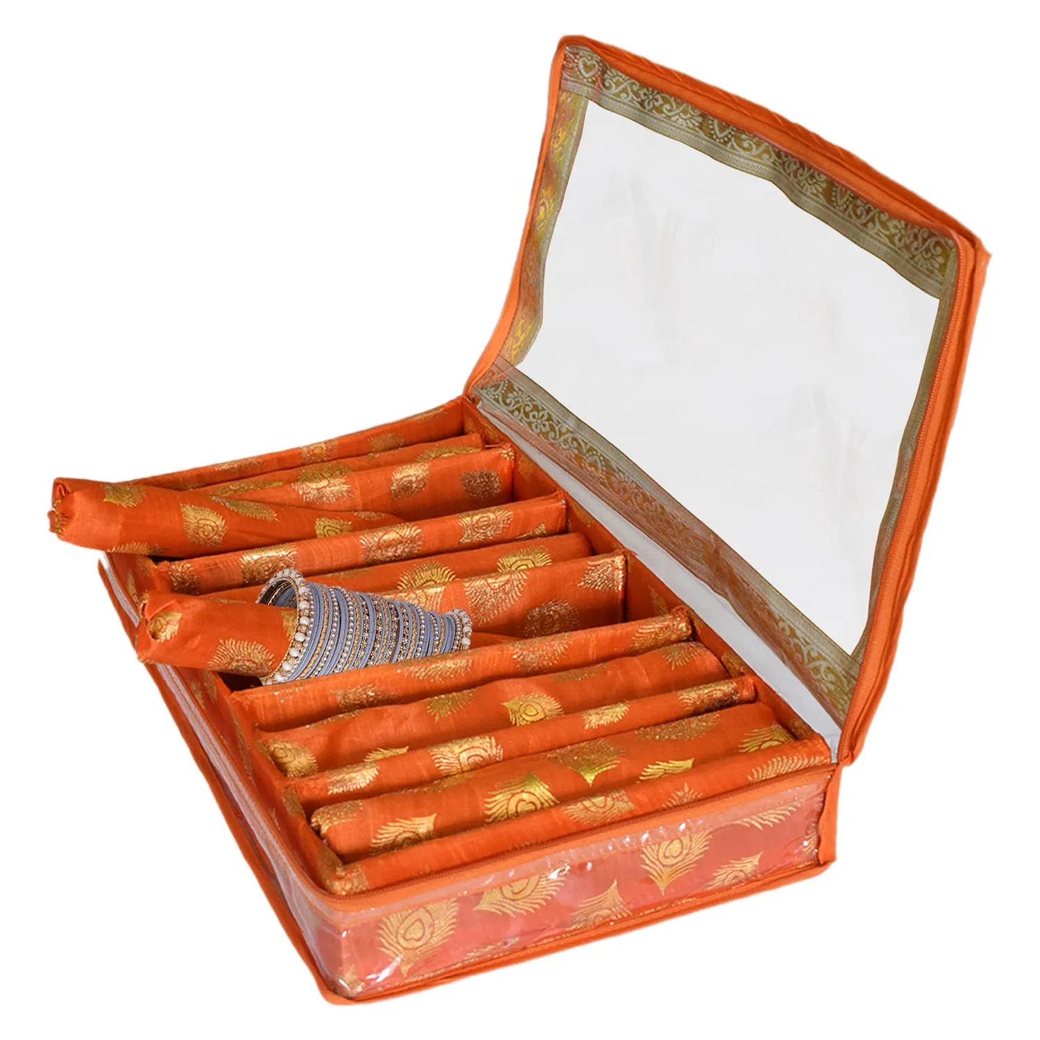 Heart Home Feather Design Laminated 6 Rod Box, Organizer For Bangle, Watches, Bracelets, Jewellery With Tranasparent Top (Orange)-47HH0166