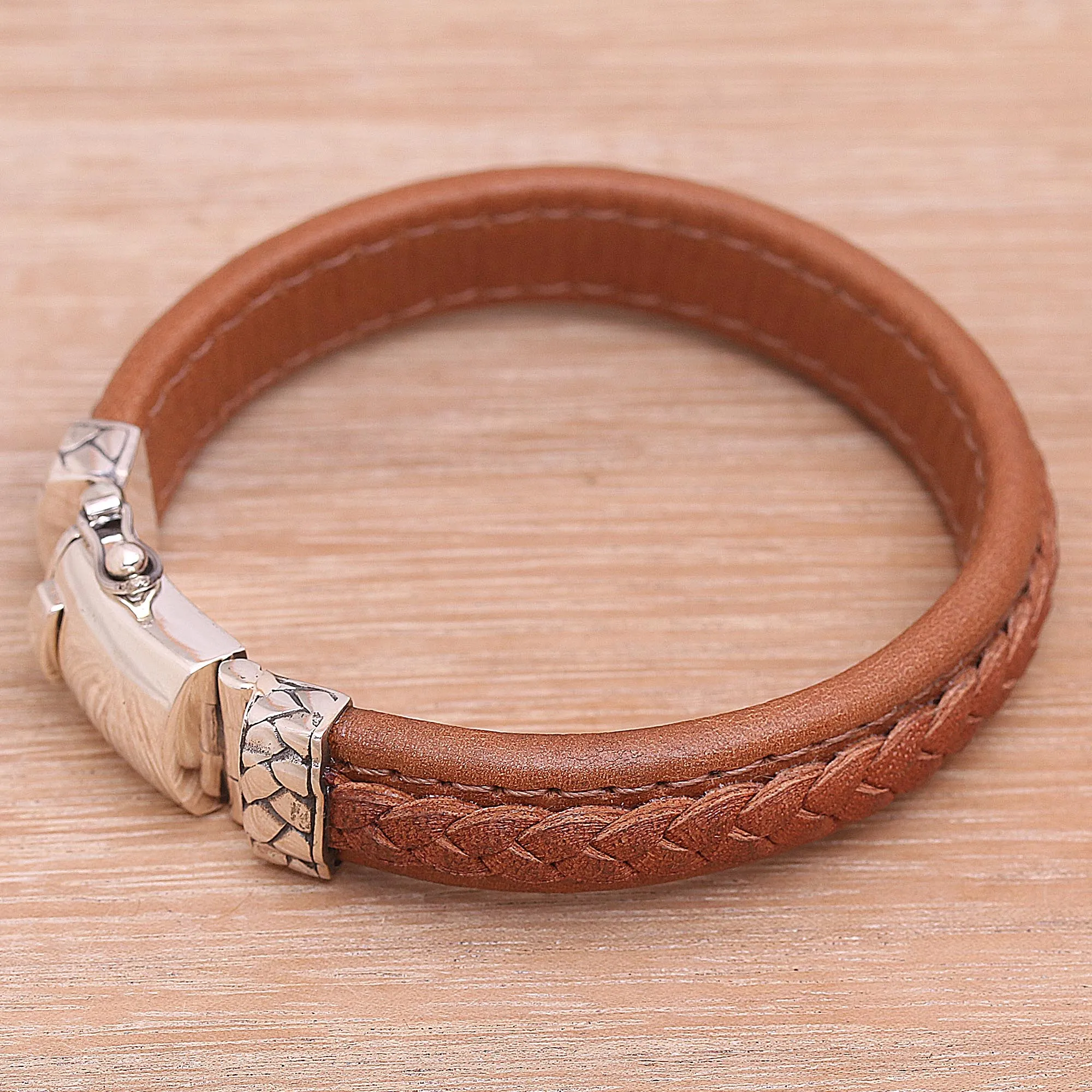 Kuat in Soft Brown Indonesian Leather and Sterling Silver Wristband Bracelet