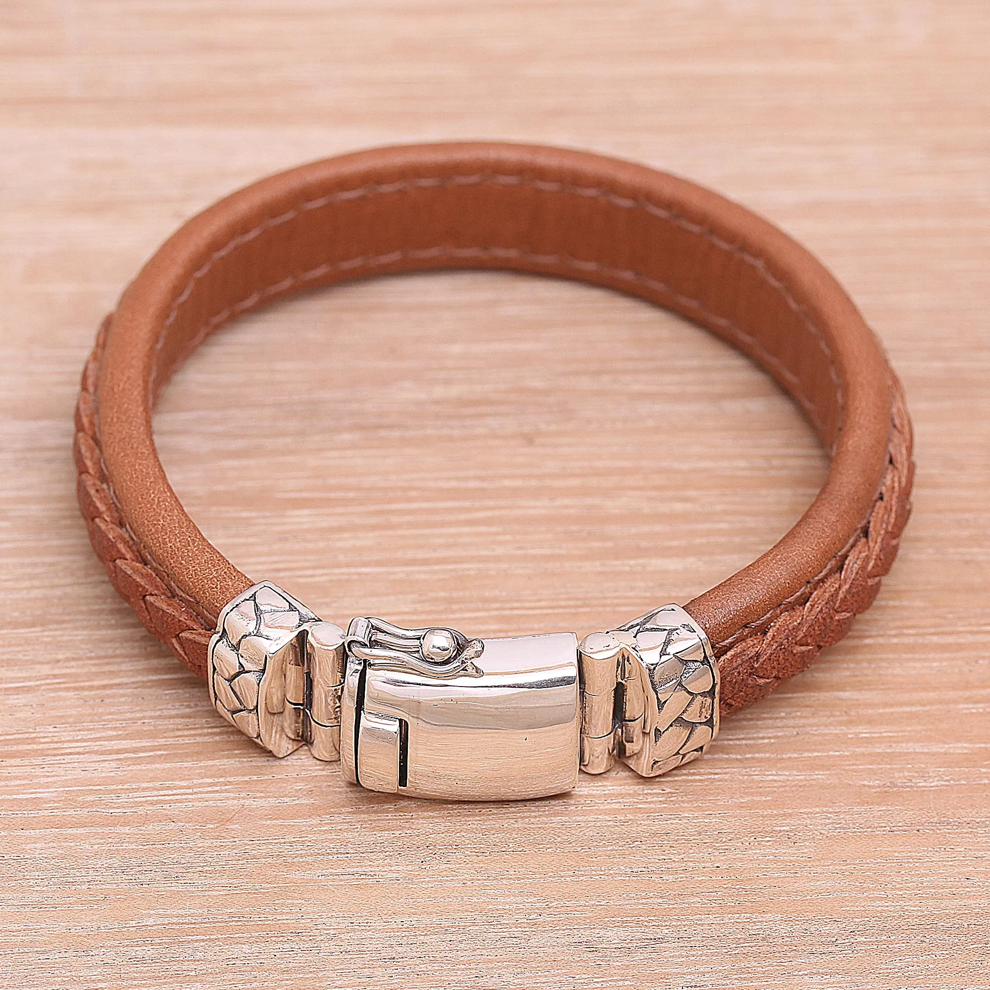 Kuat in Soft Brown Indonesian Leather and Sterling Silver Wristband Bracelet