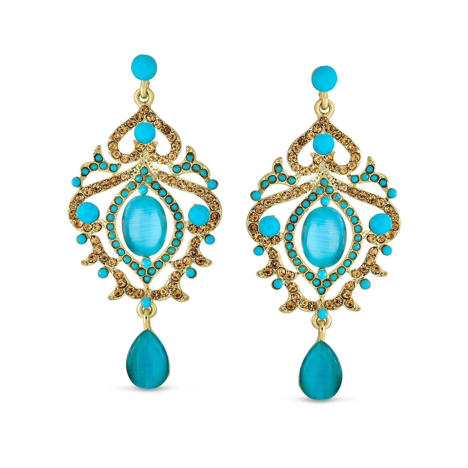 Large Aqua Blue Cats Eye Crystal Dangle Earrings Gold Plated Boho Statement