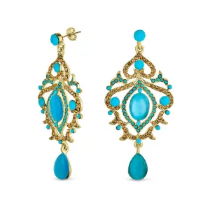 Large Aqua Blue Cats Eye Crystal Dangle Earrings Gold Plated Boho Statement