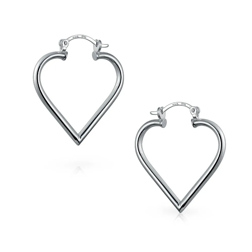 Large Heart Shaped Hoop Huggie Earrings Sterling Silver 1.25 Inch