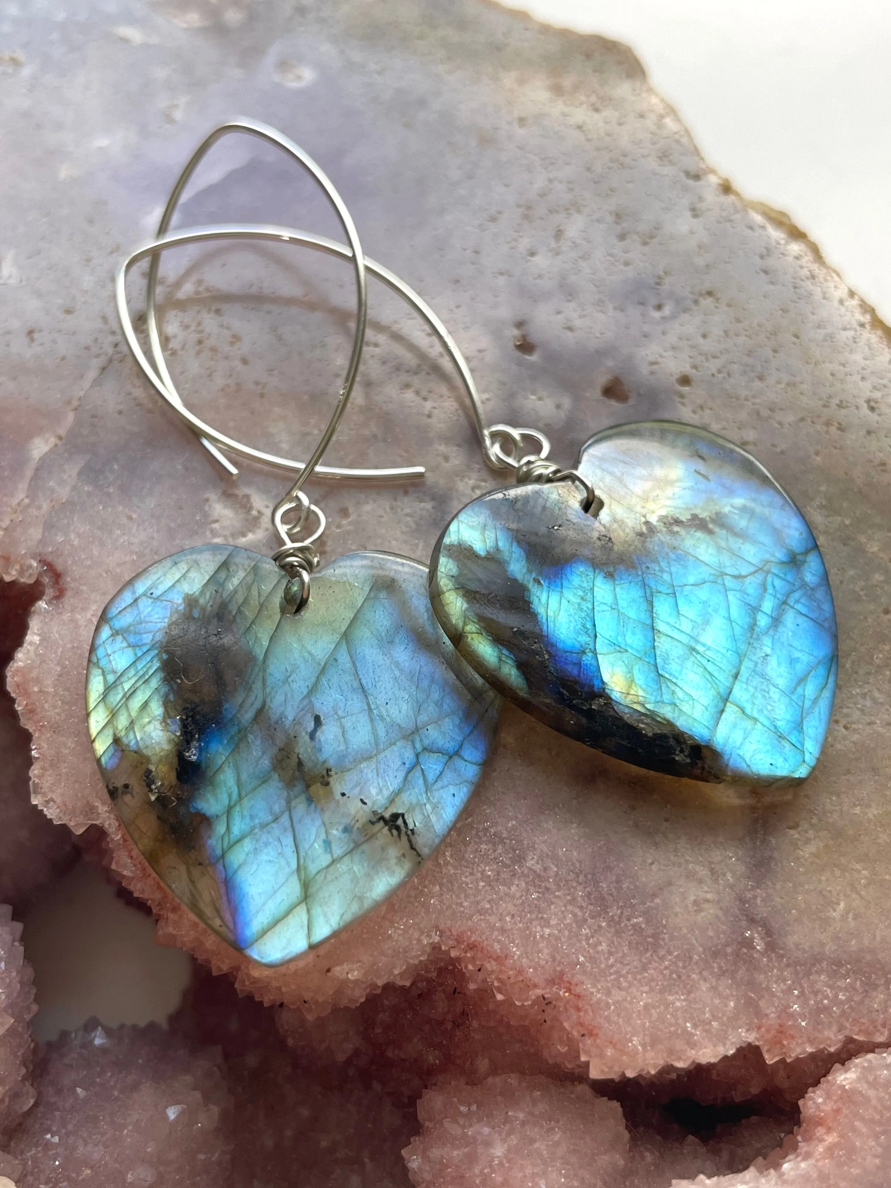 Large Sterling Silver Labradorite Dangle Drop Crystal Earrings