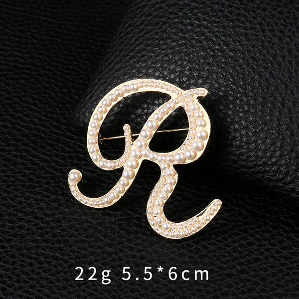 Letters Fashion Pearl Initial Letters Brooch Pins in Gold Color Plated