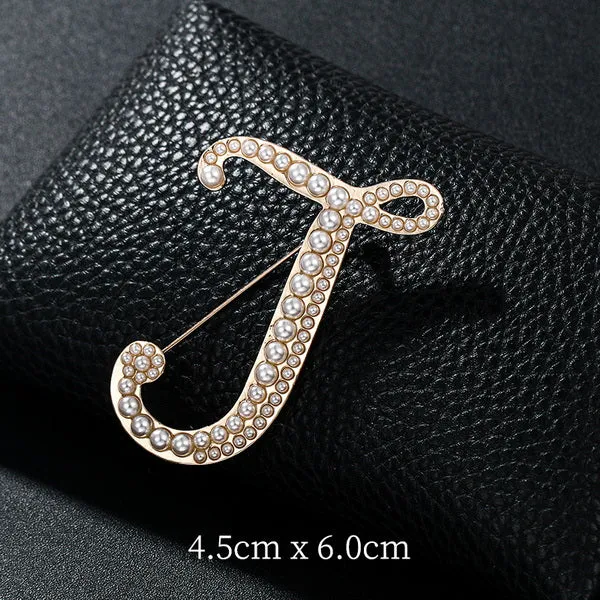 Letters Fashion Pearl Initial Letters Brooch Pins in Gold Color Plated