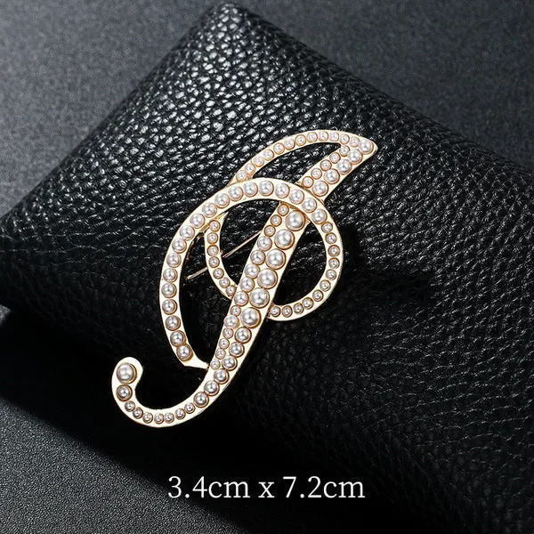 Letters Fashion Pearl Initial Letters Brooch Pins in Gold Color Plated