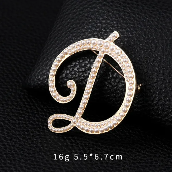 Letters Fashion Pearl Initial Letters Brooch Pins in Gold Color Plated