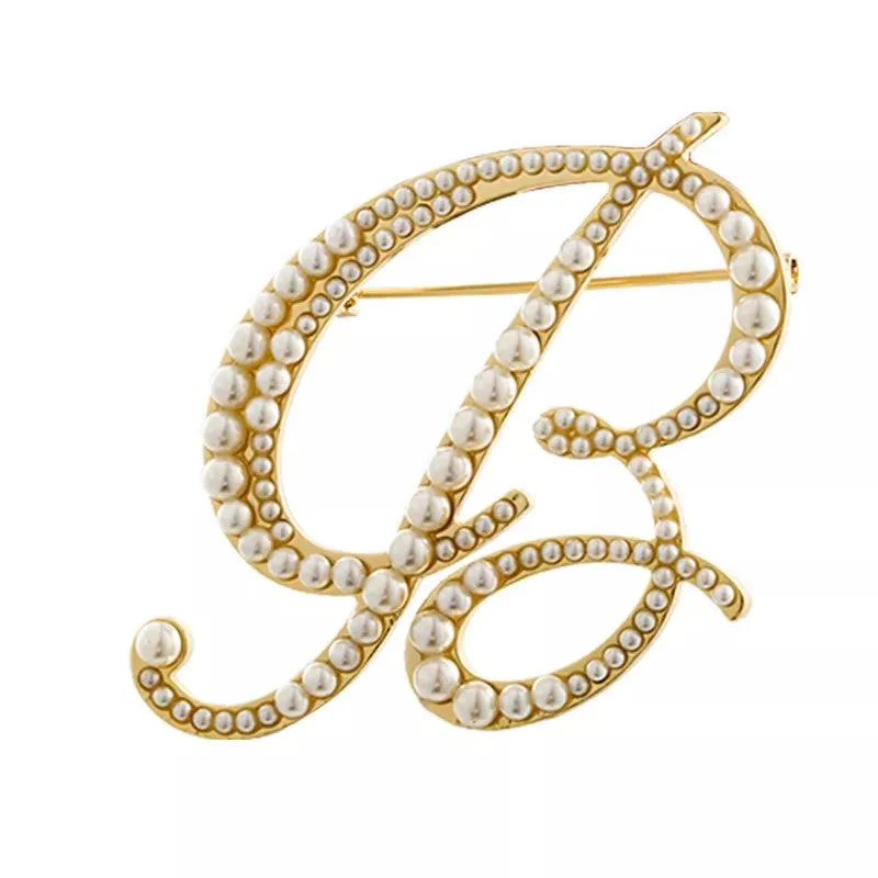 Letters Fashion Pearl Initial Letters Brooch Pins in Gold Color Plated