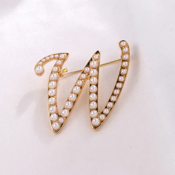 Letters Fashion Pearl Initial Letters Brooch Pins in Gold Color Plated