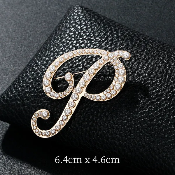 Letters Fashion Pearl Initial Letters Brooch Pins in Gold Color Plated