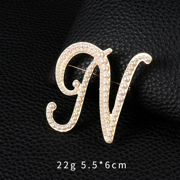 Letters Fashion Pearl Initial Letters Brooch Pins in Gold Color Plated