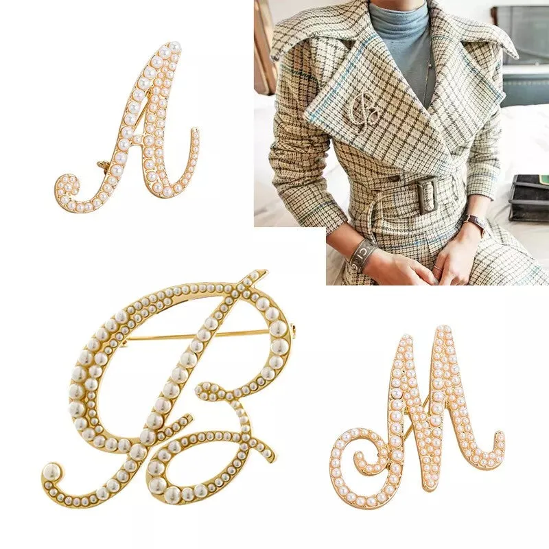 Letters Fashion Pearl Initial Letters Brooch Pins in Gold Color Plated