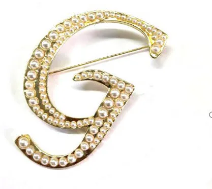 Letters Fashion Pearl Initial Letters Brooch Pins in Gold Color Plated