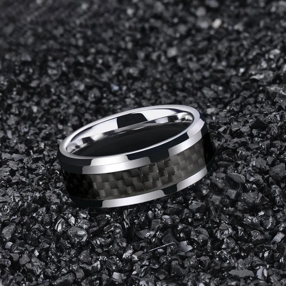 Men's Tungsten Wedding Band with Black Carbon Fiber