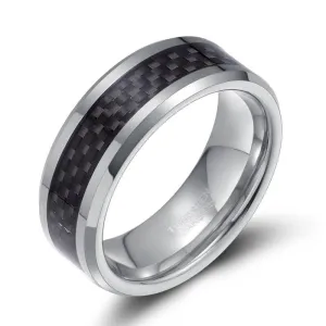 Men's Tungsten Wedding Band with Black Carbon Fiber