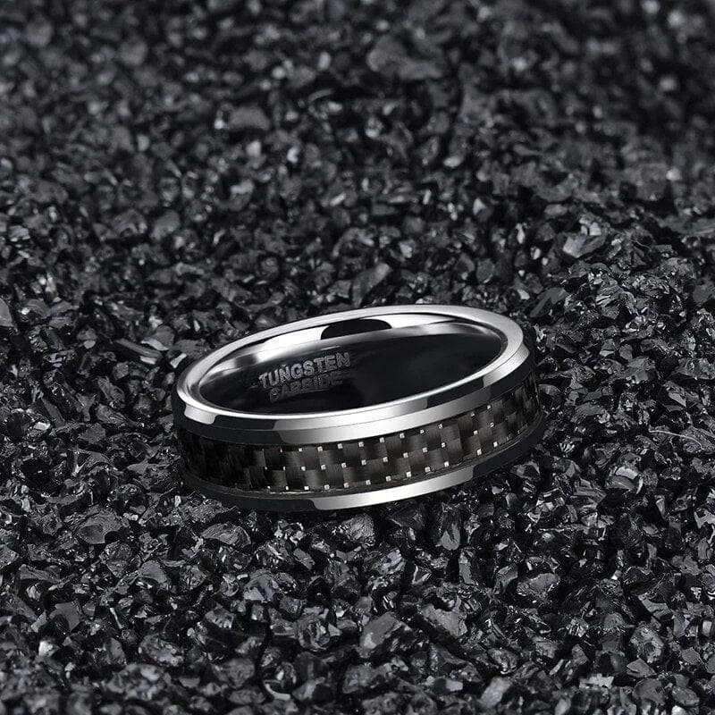 Men's Tungsten Wedding Band with Black Carbon Fiber