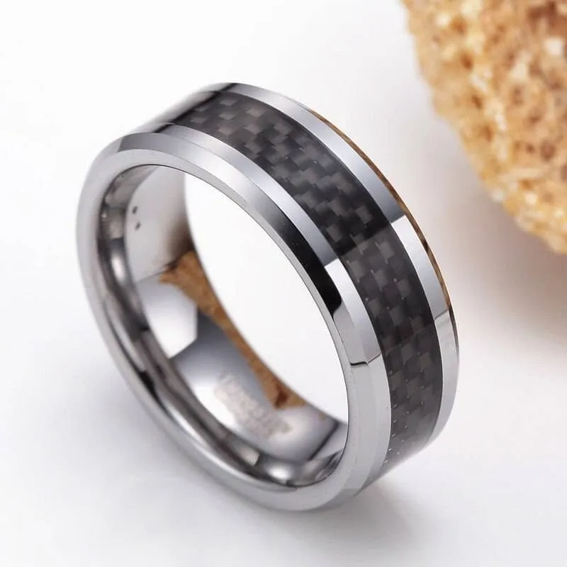 Men's Tungsten Wedding Band with Black Carbon Fiber