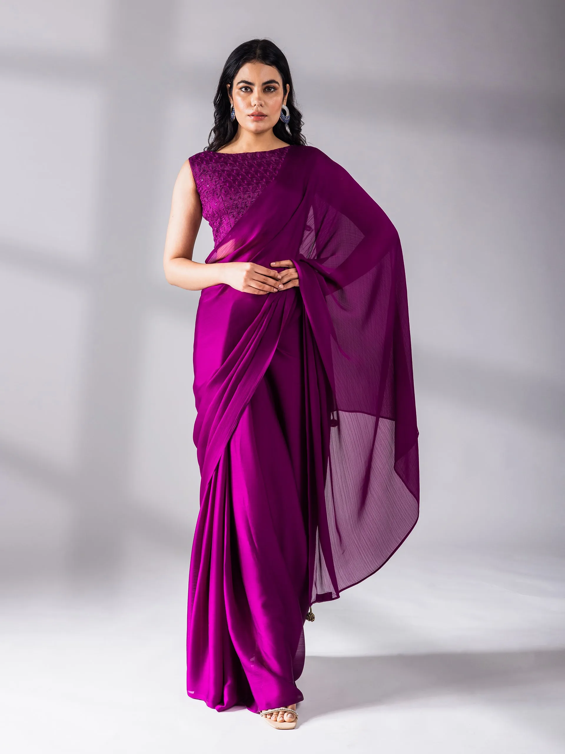 Mulberry Chiffon Saree with Embroidered Blouse Fabric