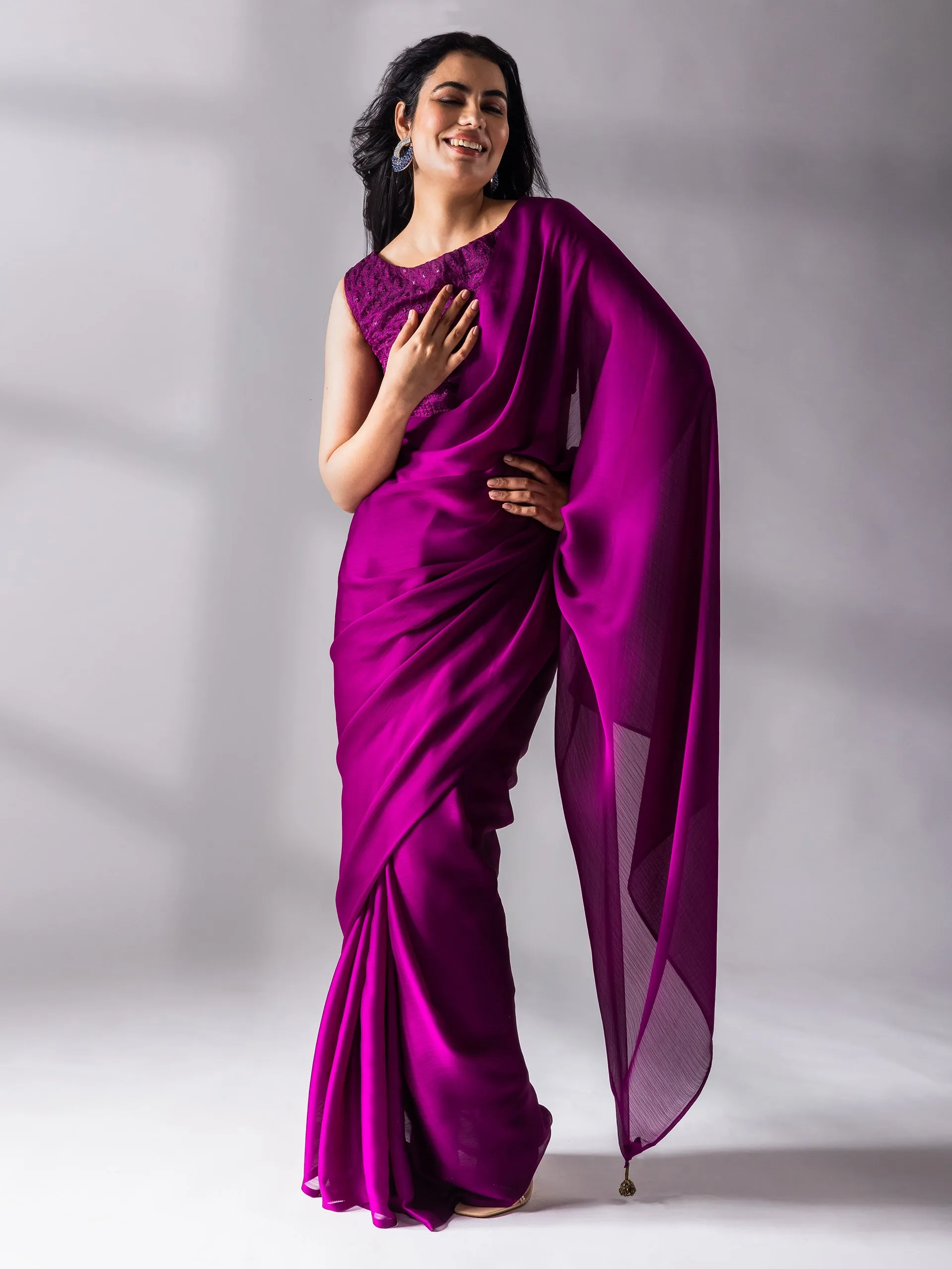 Mulberry Chiffon Saree with Embroidered Blouse Fabric