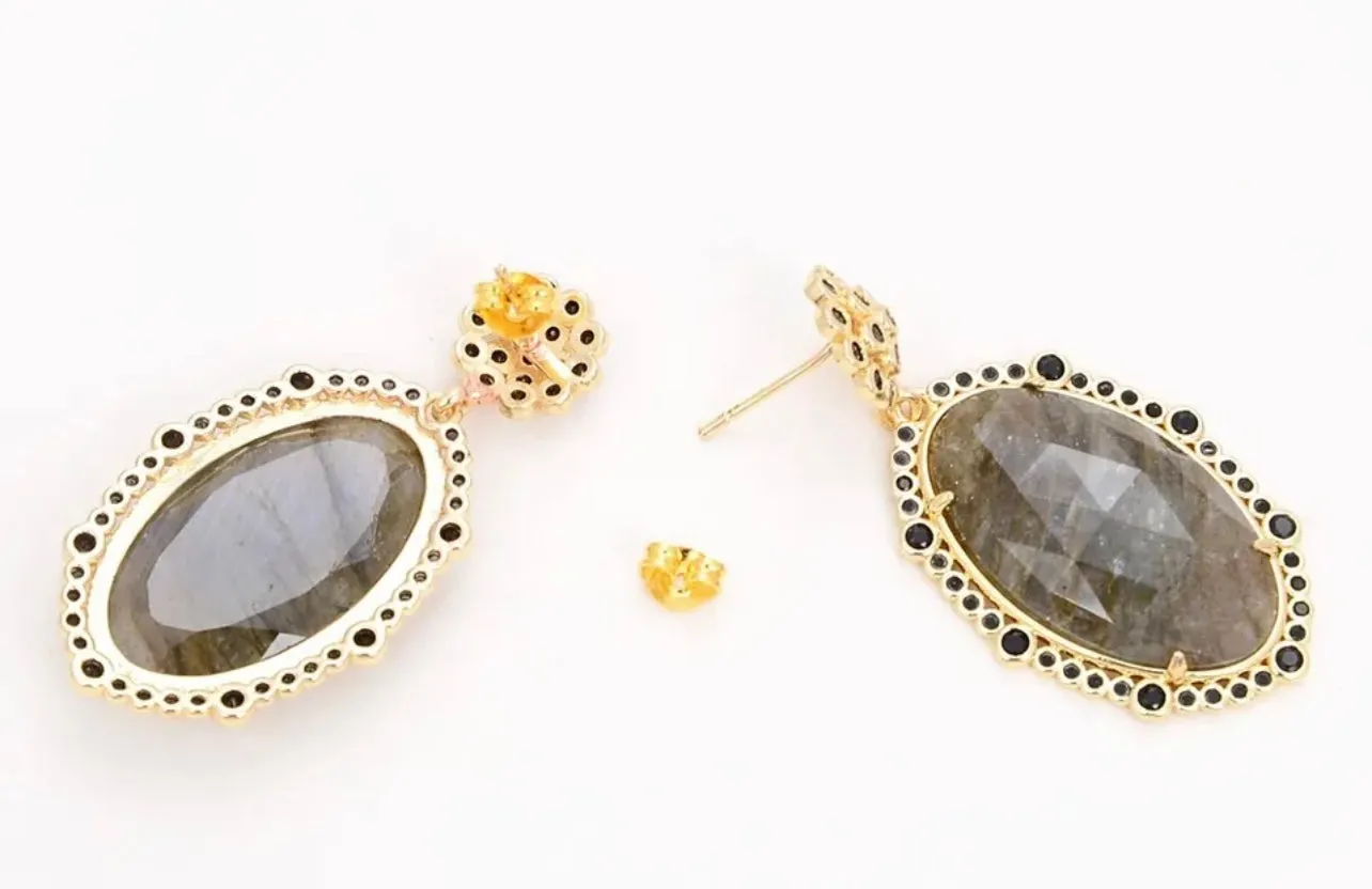 Natural Labradorite Faceted Oval Shape Pave Gold Statement Dangle Studs 1.7”