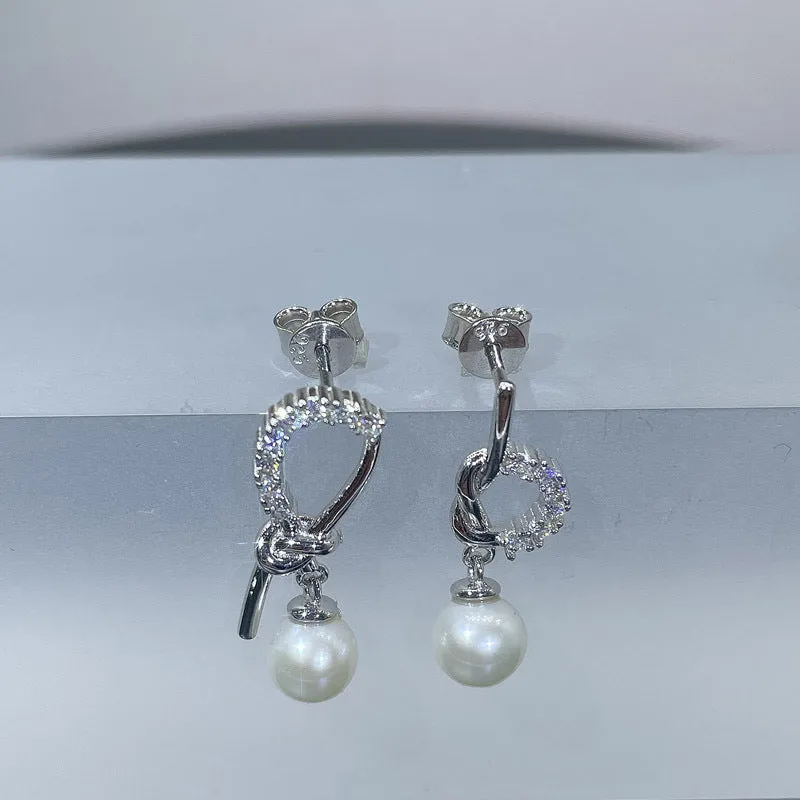 New 925 sterling silver earrings women's asymmetrical earrings 7mm freshwater pearl broken diamond moissanite earrings