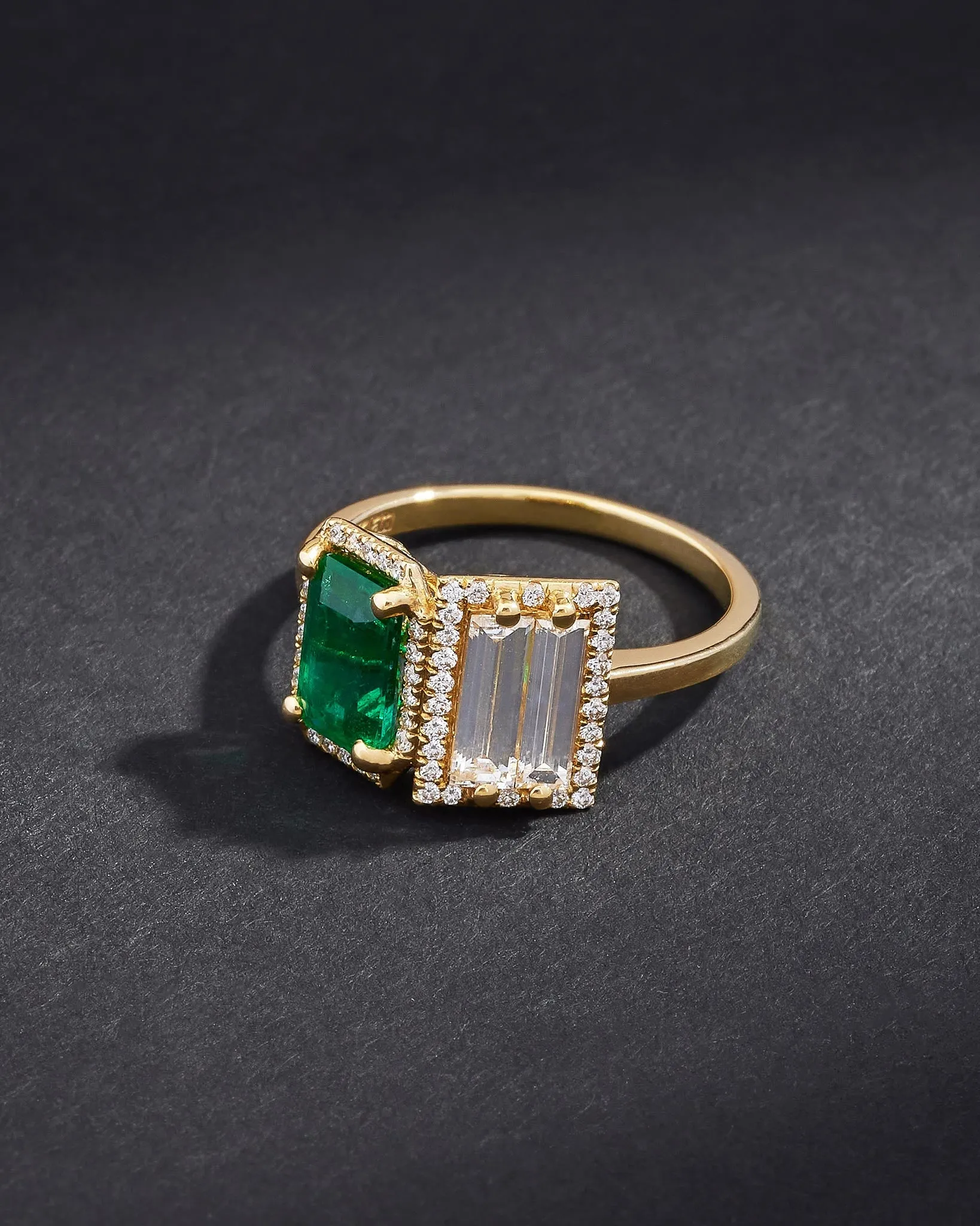 One of a Kind Toi et Moi Emerald & Double Baguette Diamond Ring