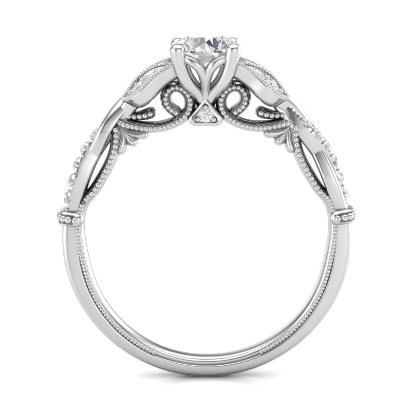 Petite Floral Diamond Engagement Ring 14 KT White Gold .75 Carat Total Weight With 2/3 ct Diamond Center