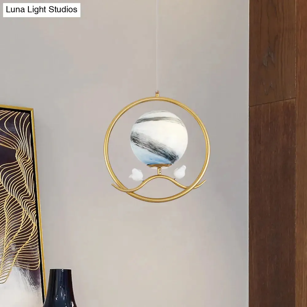 Post Modern Gold Hanging Lamp with Planet Glass Shade and Bird Deco Pendant