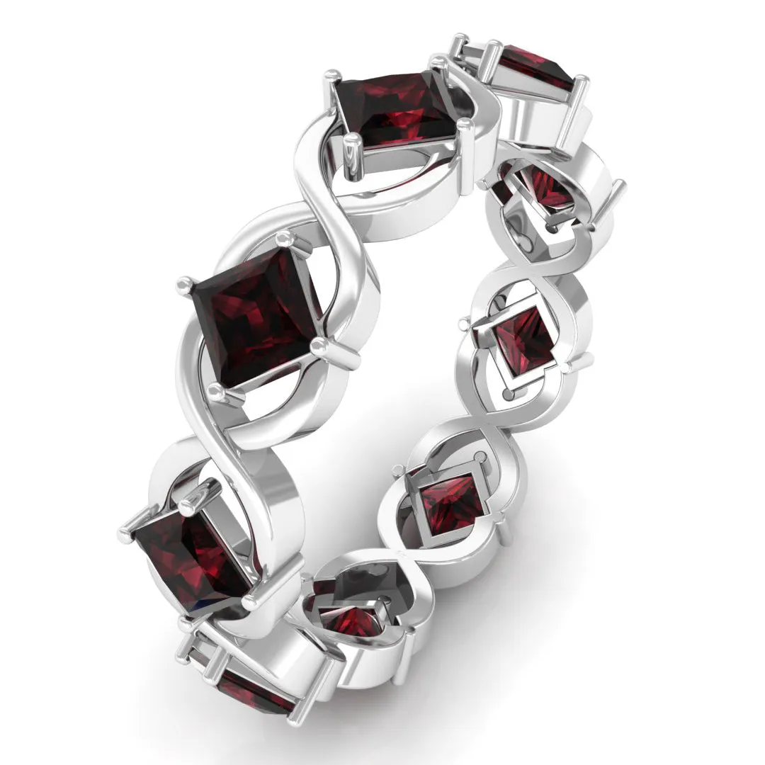 Princess Cut Garnet Criss Cross Eternity Band Ring